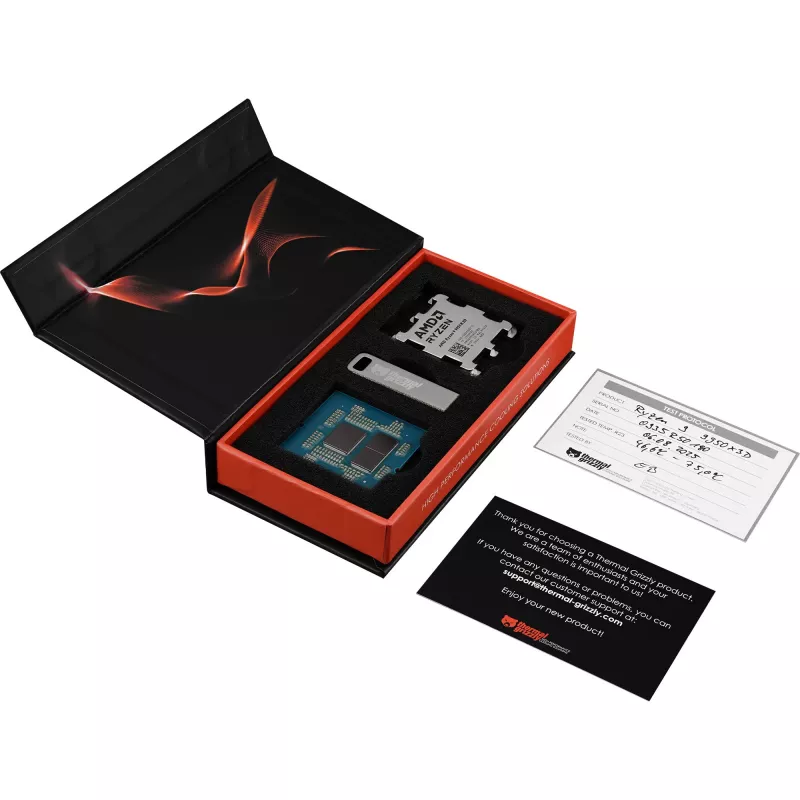 Thermal Grizzly entkappte AMD Ryzen 7 9800X3D Boxed-CPU vorbereitet für Direct-Die-Kühlkörper
