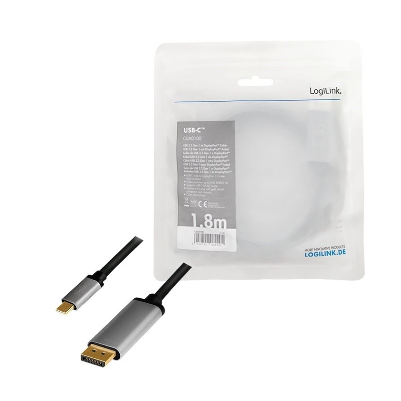 LogiLink CUA0100 Kabeladapter DisplayPort USB 3.2 Gen1 Type-C 1,8m Schwarz Grau