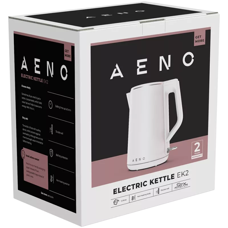 AENO Wasserkocher EK2: 1850-2200W, 1,5L, Strix, Doppelwandig, Nicht heizender Körper, Automatische Abschaltung, Trockengehschutz