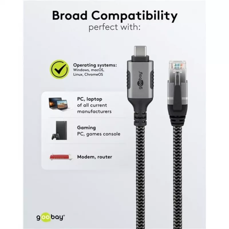 Ethernet-Kabel USB-C 3.2 Gen2 Stecker > RJ-45 Stecker (schwarz/Silber, 5 Meter, geflochtenes Textilmantel)