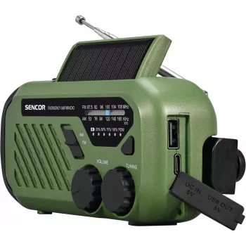 Tragbares UKW/MW-Radio SENCOR SRD1000SCLGR mit Bluetooth, Solar-/Kurbel-/USB-C-Ladung, 2000-mAh-Akku, IPX4, LED-Leuchten