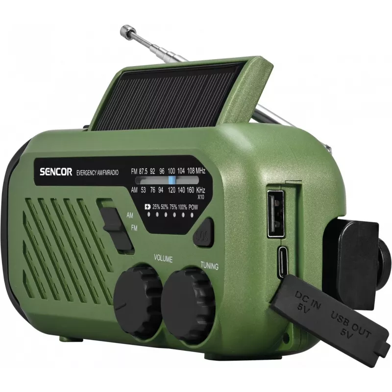 Tragbares UKW/MW-Radio SENCOR SRD1000SCLGR mit Bluetooth, Solar-/Kurbel-/USB-C-Ladung, 2000-mAh-Akku, IPX4, LED-Leuchten
