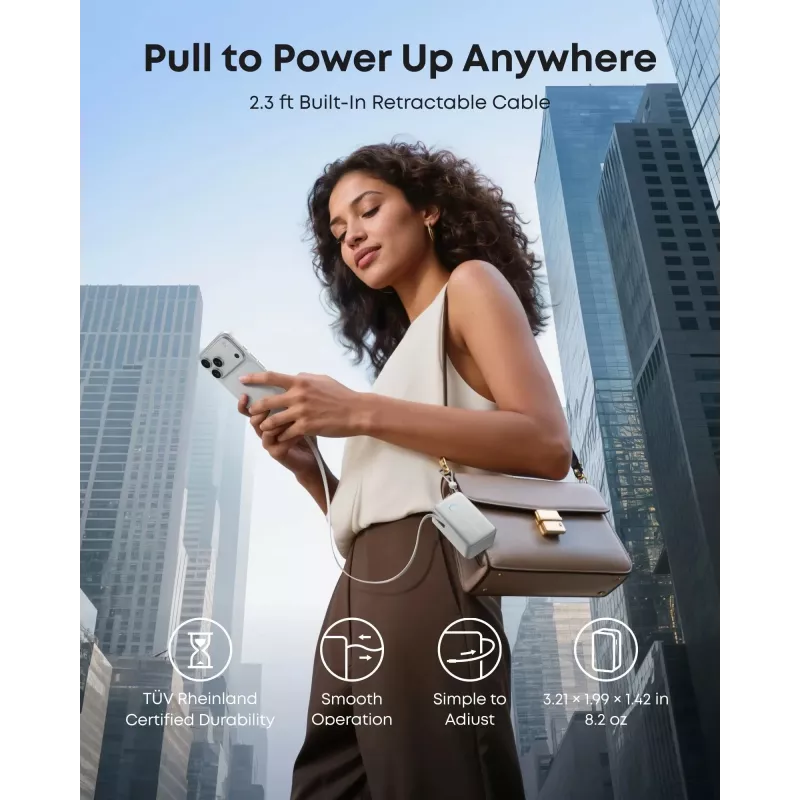Powerbank Anker A1638 10000 mAh, 45 W Gesamtausgangsleistung, Weiß, integriertes einziehbares USB-C-Kabel