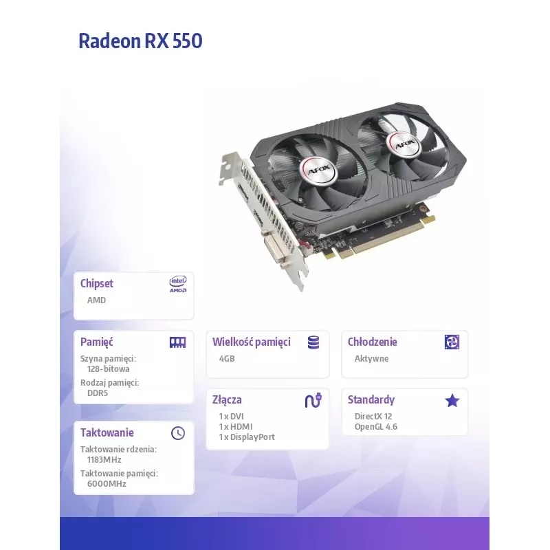 Grafikkarte AFOX AMD Radeon RX 550 4 GB GDDR5 PCIe 3.0, 1183 MHz, 128-Bit, Dual-Lüfter