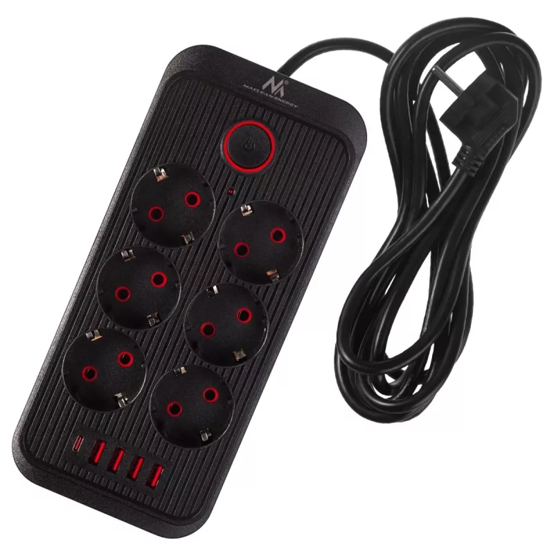 Steckdosenleiste MACLEAN MCE391 B – 6 Steckdosen, 4×USB-A + 1×USB-C, 110–240V, 2500W, 3 m Kabel, schwarz