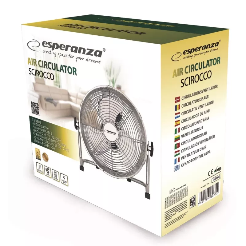 Tischventilator ESPERANZA EHF005 Scirocco 12 Zoll – 3 Geschwindigkeiten, 36 cm Durchmesser, Chrom, 50 W
