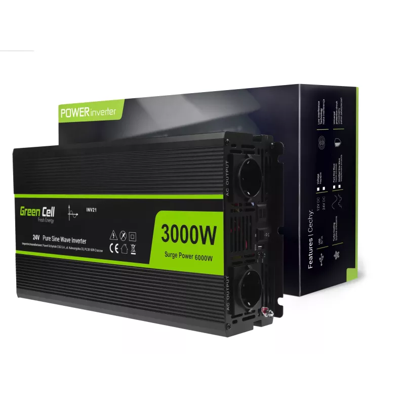 Auto-Wechselrichter Grün Cell INV21 6000 W, 24V DC-AC, 230V Ausgang, 2x USB PD, aktive Kühlung, abnehmbare DC-Steckverbinder, schwarz