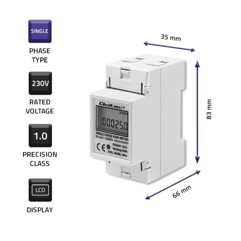 Einphasen-Energieverbrauchszähler QOLTEC 50899 230 V 50 Hz, 5(60)A, Klasse 1.0, LCD