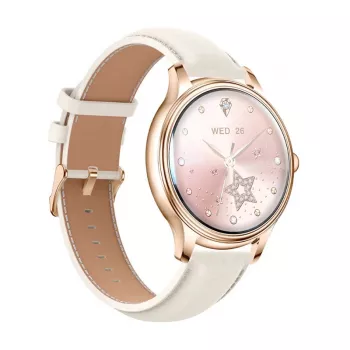 Smartwatch Colmi L28 mit goldenem Gehäuse und goldenem Lederarmband