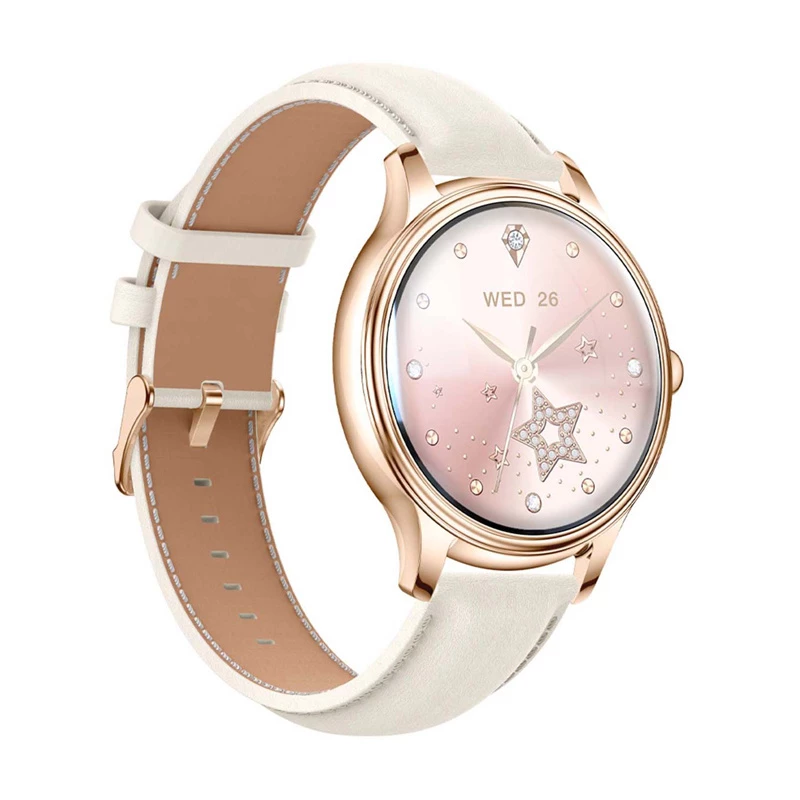Smartwatch Colmi L28 mit goldenem Gehäuse und goldenem Lederarmband