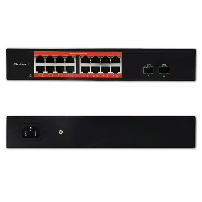 Netzwerk-Switch QOLTEC 52364 — Gigabit Ethernet PoE 16xRJ45, 2xSFP