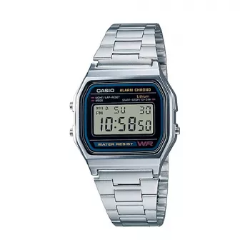 Armbanduhr CASIO A158WA-1DF — digital, Kunststoffgehäuse, Edelstahlarmband, 33,2×36,8×8,2 mm, CR2016-Batterie