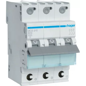 Hager MCS310. Nennstrom: 10 A. Typ: C-Charakteristik, Modulanzahl (max.): 3 Module. Breite: 52,5 mm, Tiefe: 70 mm, Höhe: 83,4 mm (MCS310)