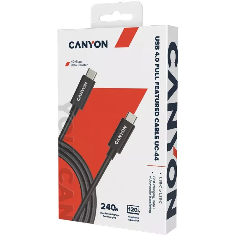 CANYON UC-44, Kabel, U4-CC-5A1M-E, USB4 TYPE-C auf TYPE-C Kabel 40G 1m 5A 240W(ERP) mit E-MARK, CE, ROHS, schwarz