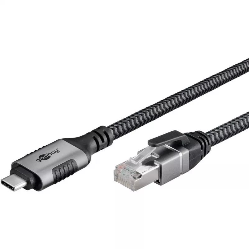 Ethernet-Kabel USB-C 3.2 Gen2 Stecker > RJ-45 Stecker, LAN-Adapter schwarz/Silber, 1,5 Meter, geflochtene Textilummantelung