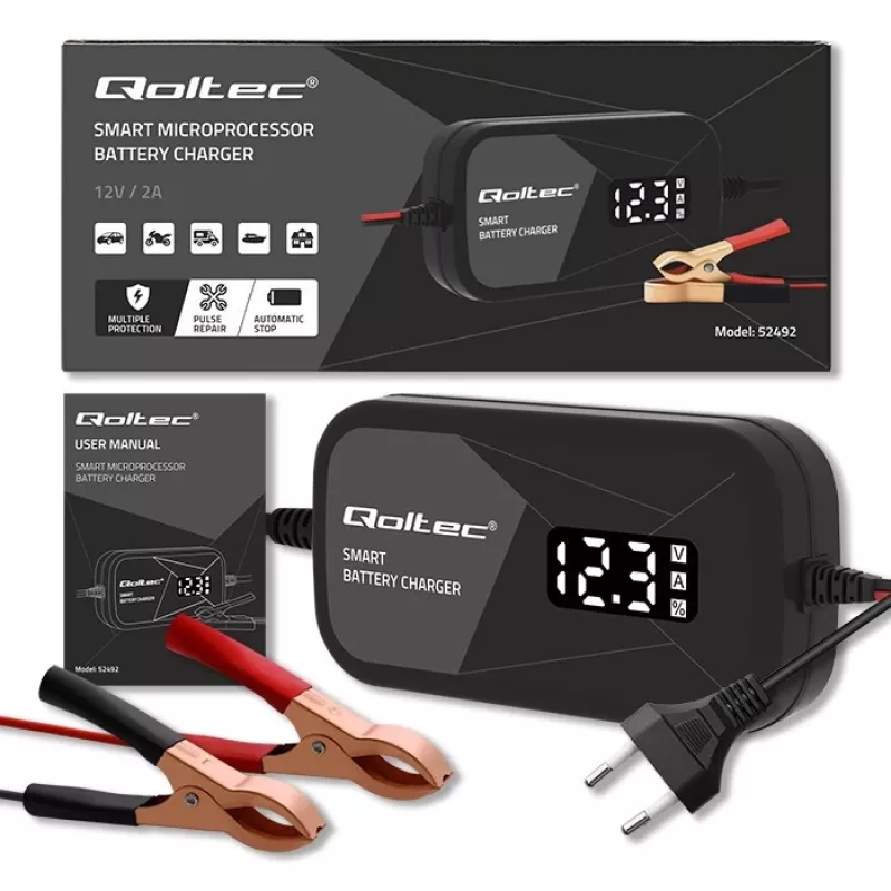 Batterieladegerät QOLTEC 52492 12V 2A mit Mikroprozessorsteuerung und Zellenregeneration