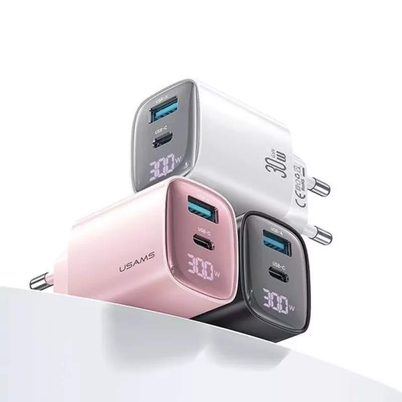USB- und USB-C 30W GaN-Schnellladegerät usams CC229 Weiß — LED-Anzeige, kompaktes Design