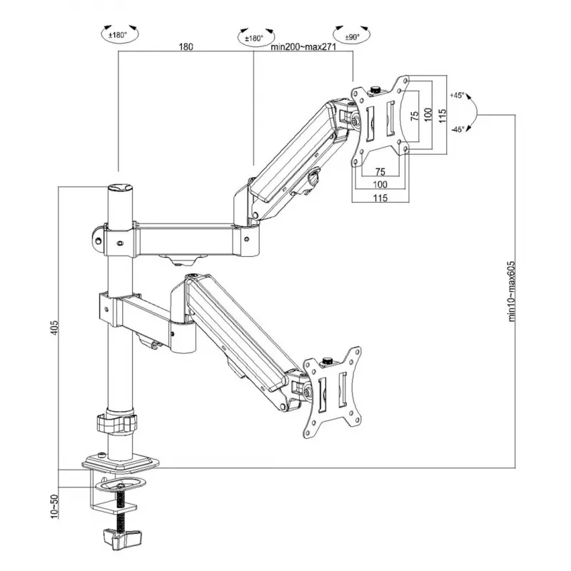 Maclean 2-fach Monitorhalterung, Gasfeder, 17-32 inch, 2-10 kg, schwarz, MC-136