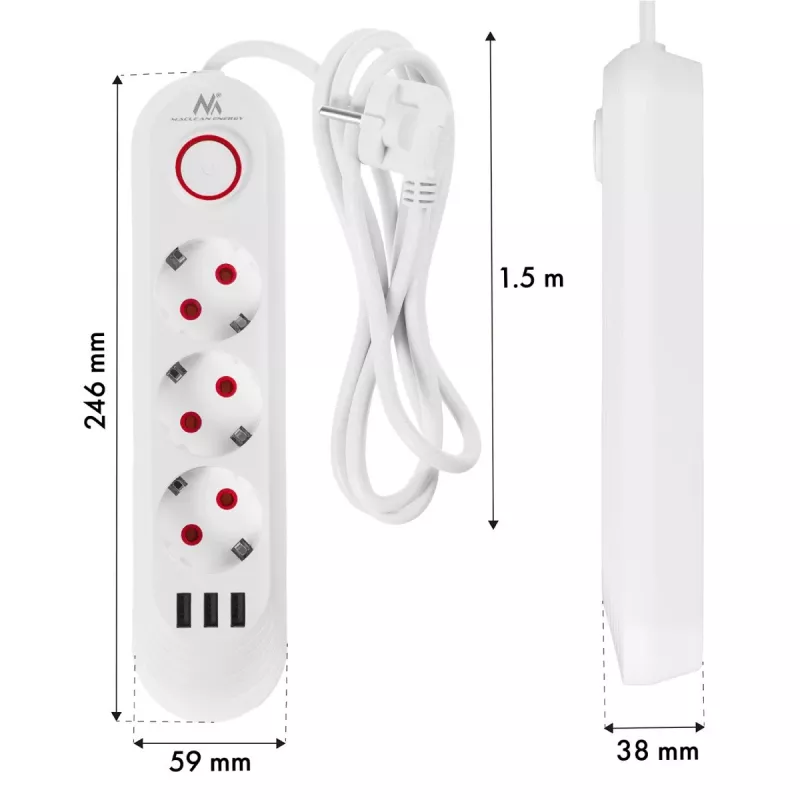 Steckdosenleiste MACLEAN MCE394W — 3 Steckdosen, 3×USB 2,1A, 110–240V AC, 2500W, 1,5 m Kabel, weiß