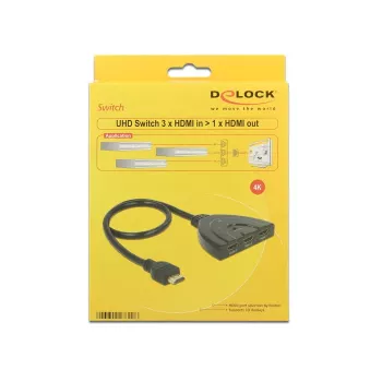 Delock 18600 HDMI UHD Umschalter 3 x HDMI Eingang > 1 x HDMI Ausgang, 4K, integriertes 50 cm Kabel, Fernbedienung, Schwarz