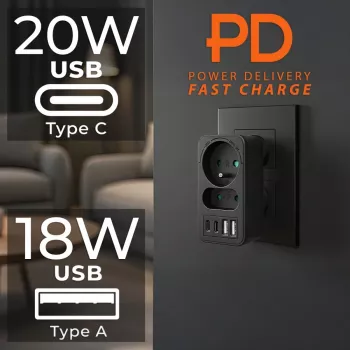 Power Splitter MACLEAN MCE249 F/B – 2 AC-Steckdosen (16A + 6A) mit 2×USB-A und 2×USB-C PD 20W, EU-Stecker, schwarz