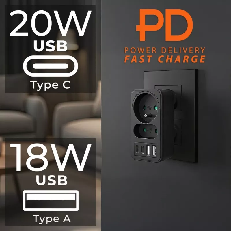 Power Splitter MACLEAN MCE249 F/B – 2 AC-Steckdosen (16A + 6A) mit 2×USB-A und 2×USB-C PD 20W, EU-Stecker, schwarz