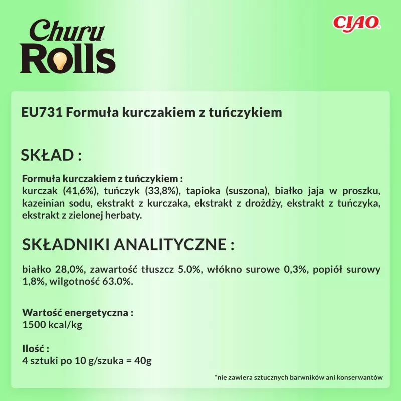 INABA Churu Rolls Hühnerrezept umwickelt Thunfischrezept - Katzenleckerli - 4x10 g