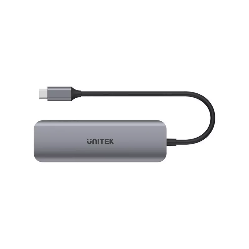 USB-Hub Unitek P5+ — 5 Ports (4 × USB 3.2 Gen 2 Typ-A), USB 3.2 Gen 1 Host, 5 Gbit/s, 10 W PD, Aluminium, Grau