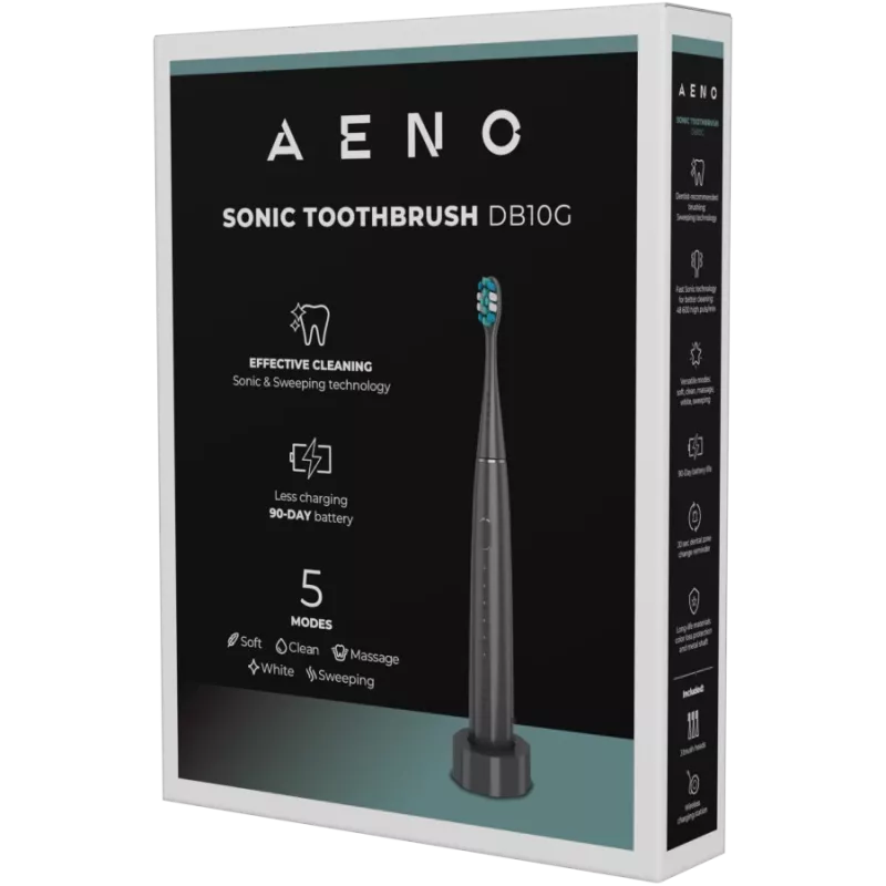 Kabellose Zahnbürste, Grau, 3 Bürstenköpfe, 1400mAh, Funktionen: Sanft, Reinigen, Massage, Weiß, Sweep