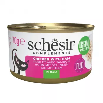 Nassfutter für Katzen Agras Pet Foods SCHESIR Huhn mit Schinken in Gelee, 70 g, 12% Protein, 86% Feuchtigkeit
