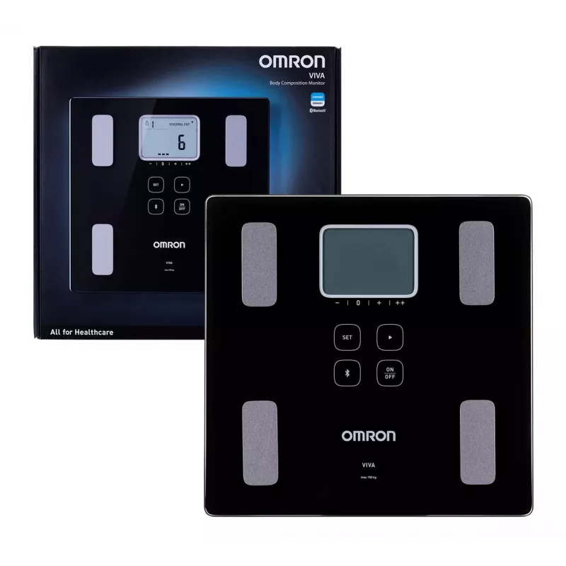 Elektronische Personenwaage Omron VIVA – quadratisch, schwarz, max. 150 kg, 100 g Genauigkeit, Körperfett/BMI/BMR, 30-Benutzer-Speicher