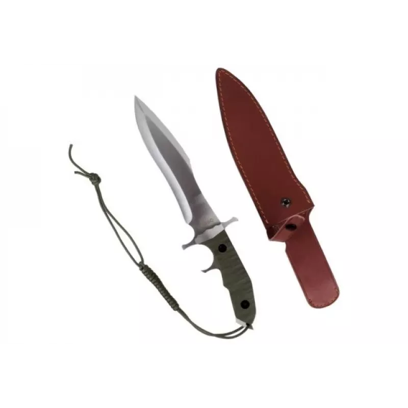 Feststehendes Messer Cinema Classic CC-H5 Rambo V — Überlebensmesser, Stahlklinge 230 mm, Gesamtlänge 385 mm, grüner Polymergriff, Lederscheide