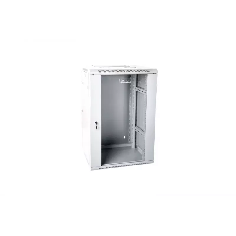 19 15U Wand-Netzwerkschrank 600x600, Glastür, grau, geteiltes Design, montiert, 60kg