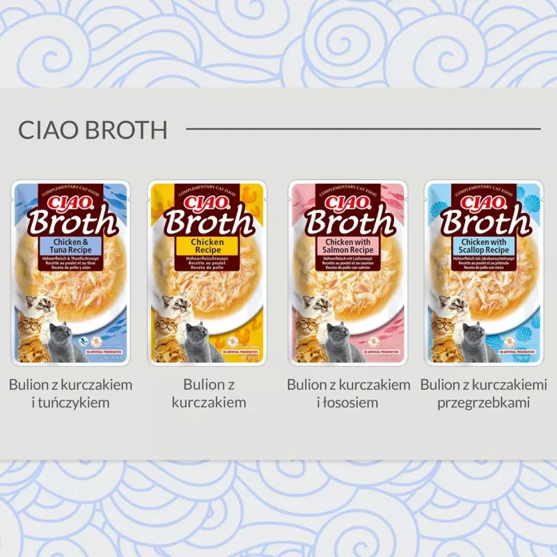 Nasses Katzenleckerli INABA Ciao Broth Huhn & Jakobsmuschel 40 g Beutel, flüssiger fleischiger Sachet, 88 % Feuchtigkeit, 9,4 % Protein