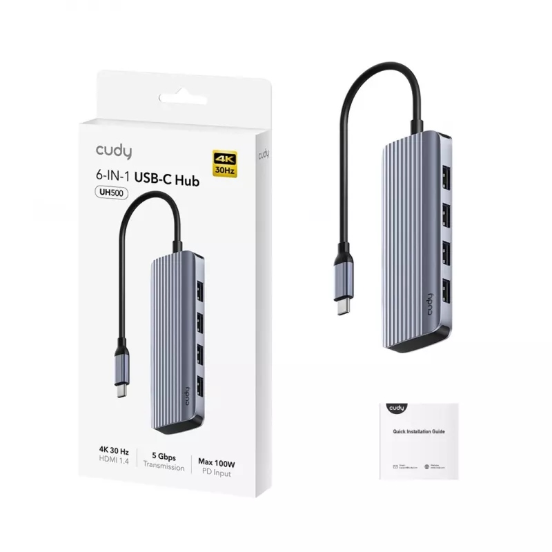 USB-C-Hub Cudy UH500 — USB 3.2 Gen 1 Type-C-Host, 6 Anschlüsse mit USB 3.2 Gen 1 Type-A und HDMI, 5000 Mbit/s, Grau/Silber