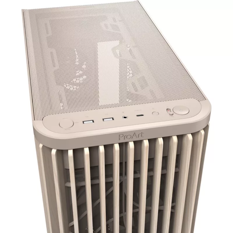 PC-Gehäuse ASUS PROART PA401 WOOD TG PWM BEIGE Gehäuse — ATX, 503×225×412 mm, 2×3,5 Zoll/2×2,5 Zoll, GPU bis zu 315 mm
