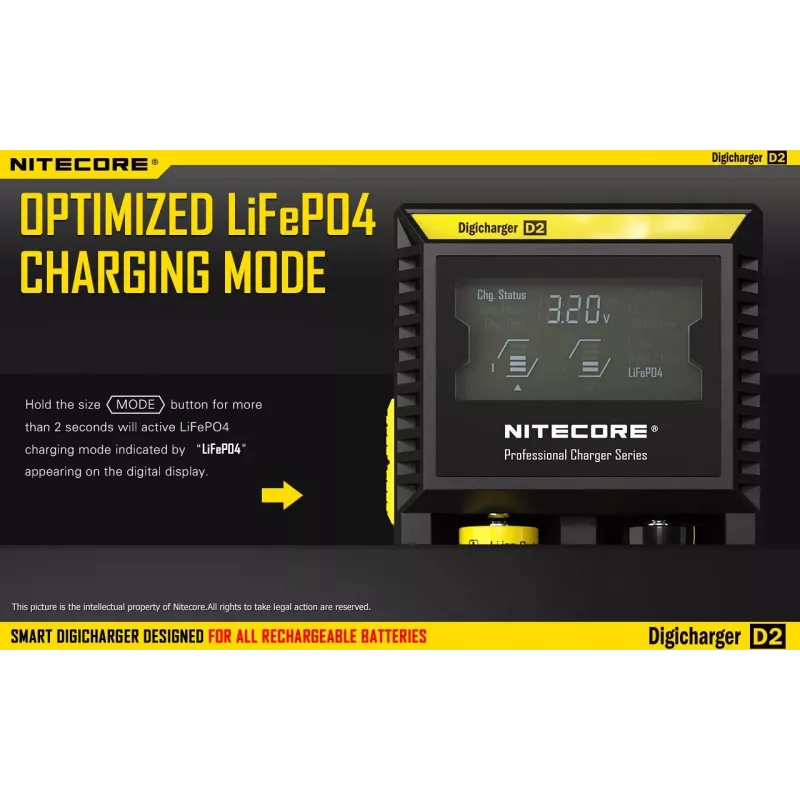 Batterieladegerät Nitecore D2 — 2‑Schacht-Ladegerät für AA/AAA/AAAA/C-Akkus, 100–240V Eingangsspannung, 4,2V Ausgangsspannung, schwarz