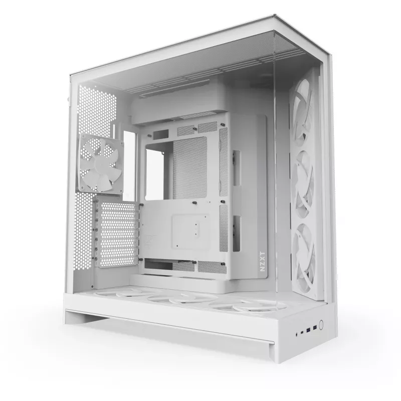 PC Midi Tower Gehäuse NZXT H9 Flow RGB+ — Weiß, unterstützt ATX/EATX/Micro-ITX, gehärtetes Glas, 3x140 mm vorne + 1x120 mm hinten Lüfter