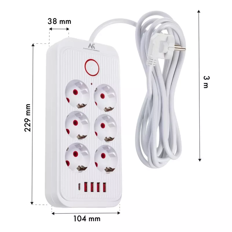 Steckdosenleiste MACLEAN MCE391 W — 6 Steckdosen, 4×USB-A + 1×USB-C, 3 m Kabel, 110–240 V, 2500 W, weiß
