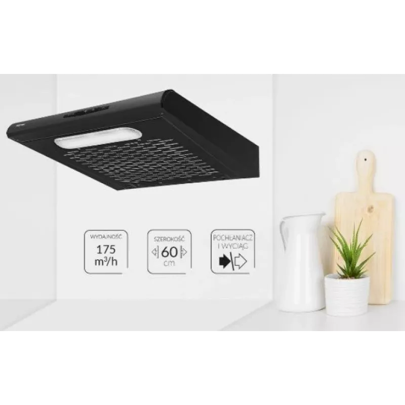 Einbau-Dunstabzugshaube MPM MPM-61-PX-73, schwarzer Edelstahl, 600×190×560 mm, 175 m³/h, Aktivkohlefilter