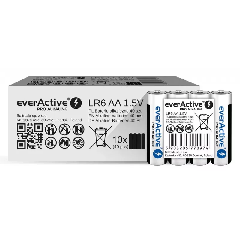 Alkaline-Batterien everActive LR6 AA 4er-Pack — 1,5 V, 3000 mAh, 50,5 × 14,5 mm