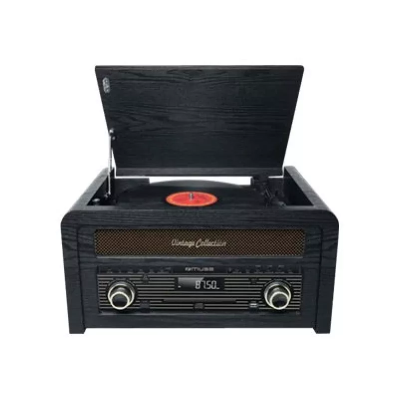 Plattenspieler muse MT-115 W — schwarz/gold, 33-45-78 U/min, J-förmiger Tonarm, Drehregler für die Lautstärke, 240V AC