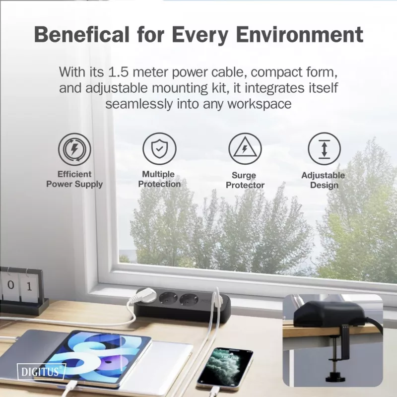 Mehrfachsteckdose DIGITUS 3-fach mit 2×USB-A & 1×USB-C, 3 AC-Steckdosen Typ E/F, 1,5 m Kabel, schwarz
