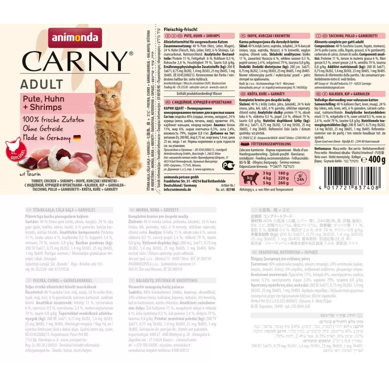 ANIMONDA Carny Adult Truthahn, Huhn und Garnelen - Nassfutter für Katzen - 400g