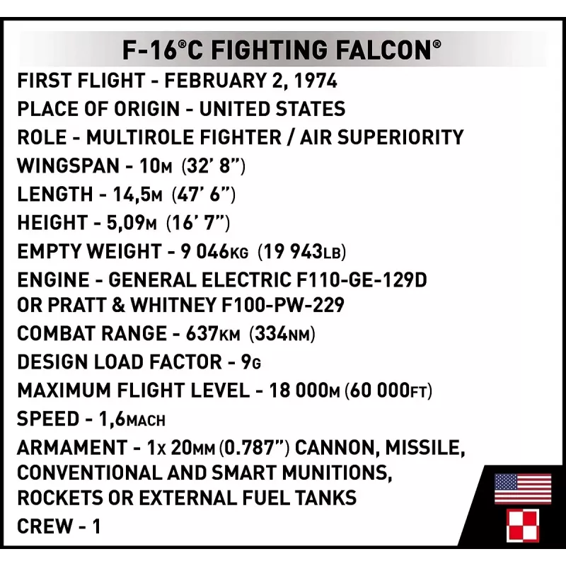 Konstruktionsset Cobi F-16C Fighting Falcon – 463 Teile, Modellbausatz im Maßstab