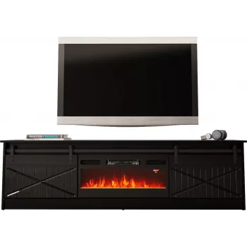 TV-Ständer mit Kamin Cama Meble GRANERO Modell – 200 x 56,7 x 35 cm, Schwarz/Schwarz glänzend, 2 Türen, 2 Regale, Schiebetüren, MDF/Spanplatte