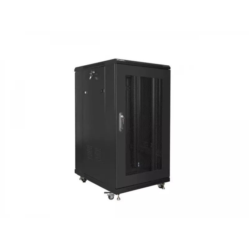 Freistehender Rack-Schrank LANBERG FF01-6822-23B 22U, 19-Zoll-Schienen, 1159×600×800 mm, IP20, Rollen, Schlüsselschloss, schwarz