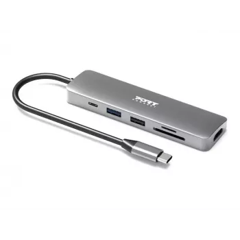 Schnittstellen-Hub Port Designs 900162 USB Typ-C — USB Typ-C Ausgang, 3840x2160@60Hz, 20V/5A Eingang, 117×34×13 mm, silber