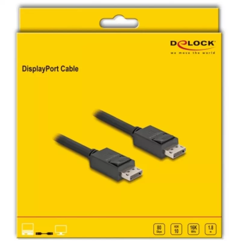Delock - DisplayPort-Kabel - DisplayPort (M) verriegelt auf DisplayPort (M) verriegelt - DisplayPort 2.1 - 1,8 m - Unterstützt 16K 60 Hz (15.360 x 8640), bis zu 80 Gbps Datenübertragung
