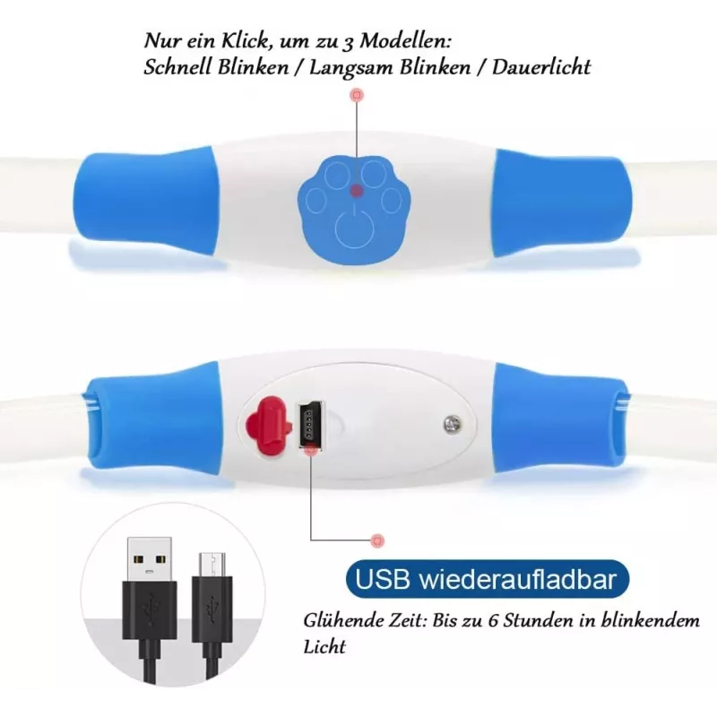 LED-Halsband KABB Blau für Hunde und Katzen – wiederaufladbar, verstellbares Sicherheitshalsband mit Beleuchtung